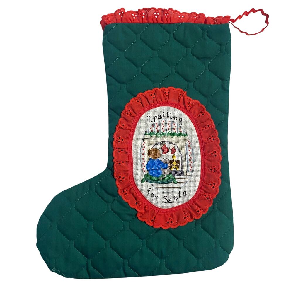 Vintage Waiting For Santa Handmade Cross Stitch Quilted Christmas Stocking